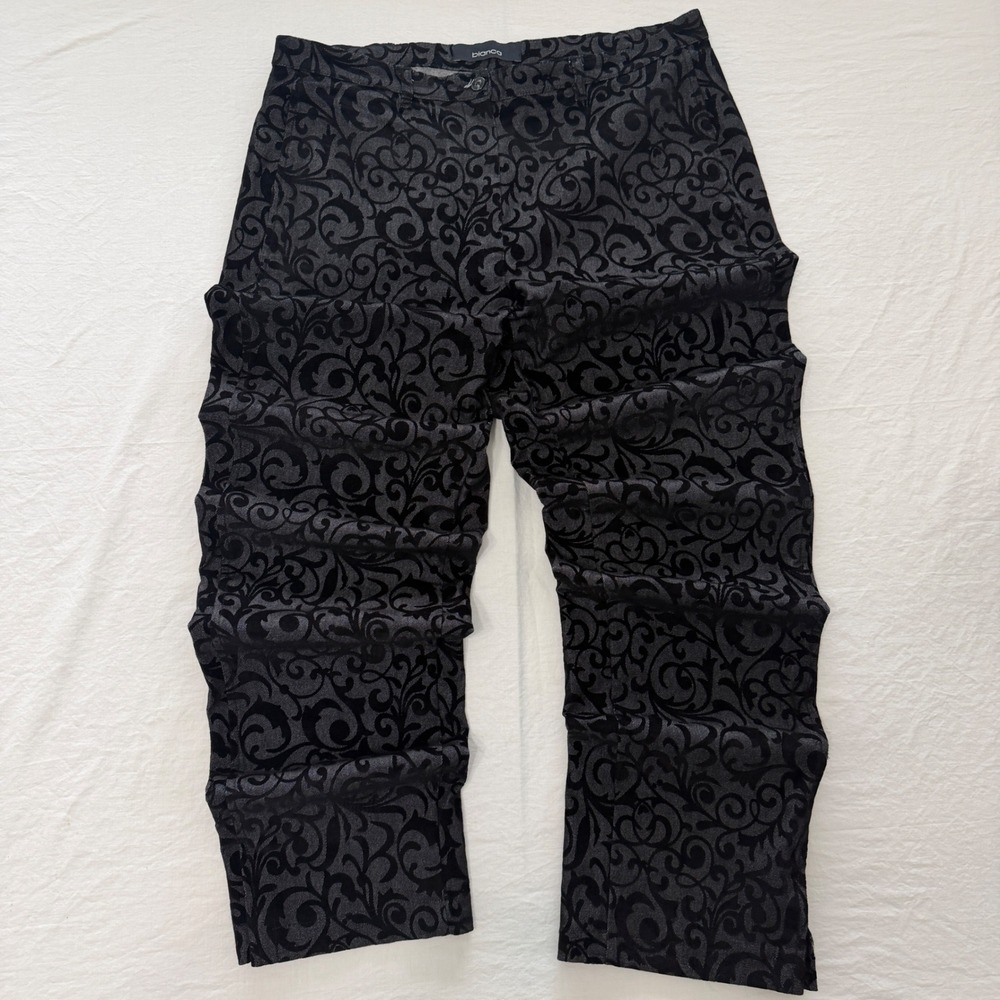 Bianca Women's 14 Black Gray Velvet Flocked Floral Baroque Straight Leg Pants